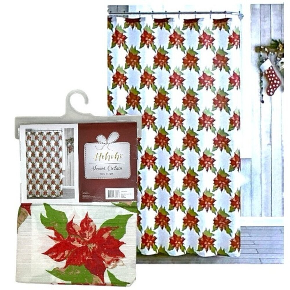 Holiday Shower Curtain Christmas Poinsettia Fabric Curtain 70 x 72 in Red White